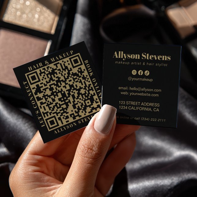 Modern Gold Black Bold QR Code Hair & Makeup Quadratische Visitenkarte (Modern Gold Black Bold QR Code Hair & Makeup Square Business Card)