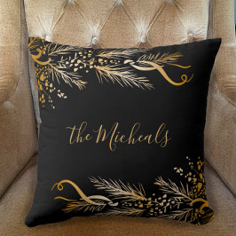 Modern Gold Black Family Name Frohe Weihnachten Kissen
