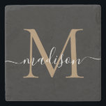 Modern Gold Black Monogram Feminine Script Name Steinuntersetzer<br><div class="desc">Eleganter Gold Black Monogram Feminine Script Name Stone Untersetzer</div>