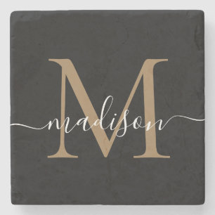 Modern Gold Black Monogram Feminine Script Name Steinuntersetzer