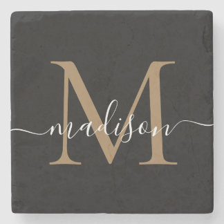 Modern Gold Black Monogram Feminine Script Name Steinuntersetzer