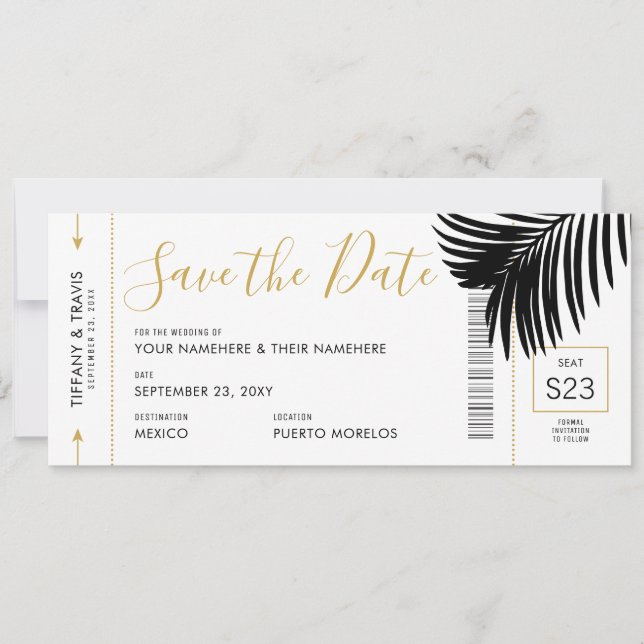 Modern Gold Black Palm Destination Boarding Pass Save The Date (Vorderseite)