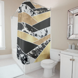 Modern Gold Black White Glitter Marble Geometric Duschvorhang