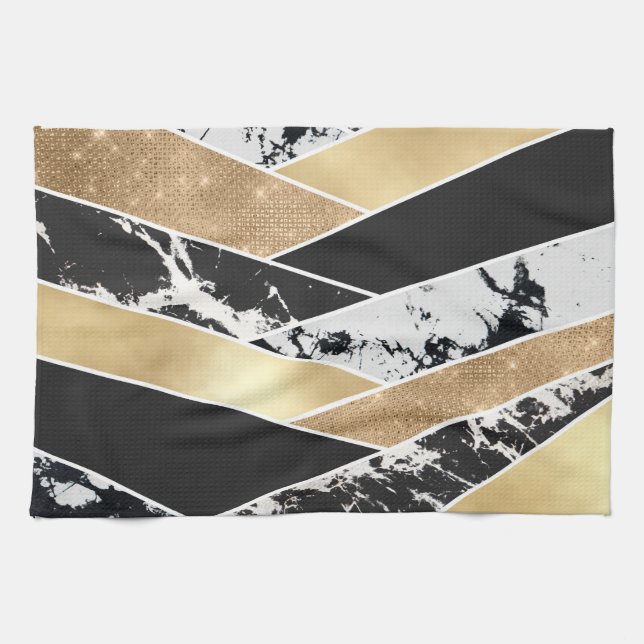 Modern Gold Black White Glitter Marble Geometric Geschirrtuch (Horizontal)