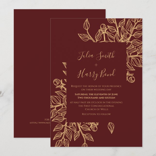 Modern Gold Blätter Burgund Hochzeit Einladung (Vorne/Hinten)