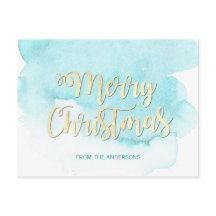 Modern Gold & Blue Christmas Beach Watercolor