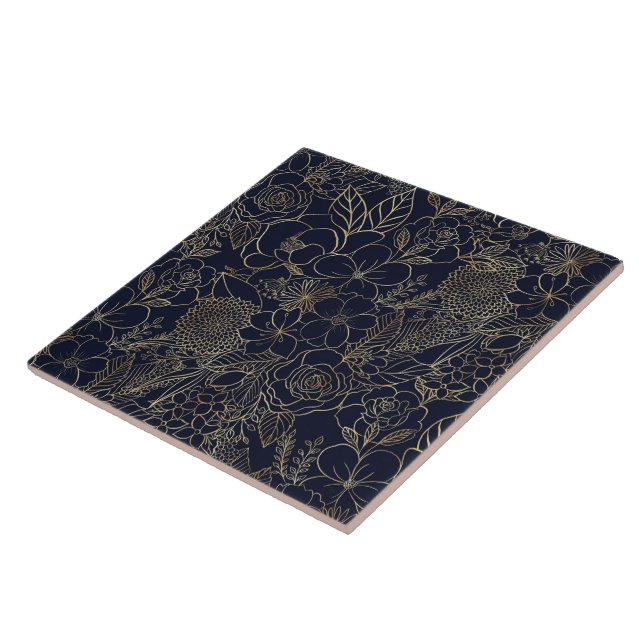 Modern Gold Blue Floral Doodles Line Art Fliese (Seite)