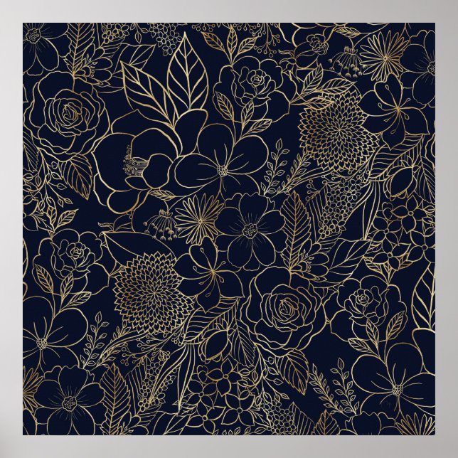Modern Gold Blue Floral Doodles Line Art Poster (Vorne)