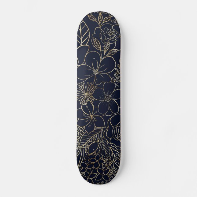 Modern Gold Blue Floral Doodles Line Art Skateboard (Vorderseite)