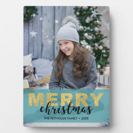 Modern Gold Blue Frohe Weihnachten - Foto Plaque Fotoplatte