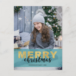 Modern Gold Blue Frohe Weihnachten Foto - Postcard
