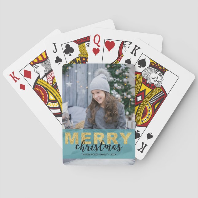 Modern Gold Blue Frohe Weihnachts Foto Card Deck Spielkarten (Rückseite)