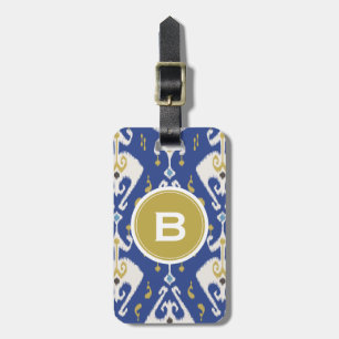 Modern Gold Blue Ikat Tribal Muster Monogram Gepäckanhänger