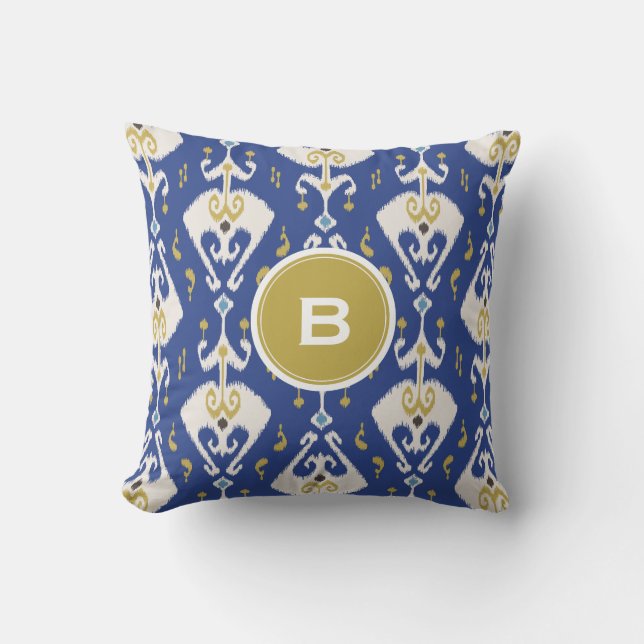 Modern Gold Blue Ikat Tribal Muster Monogram Kissen (Vorderseite)