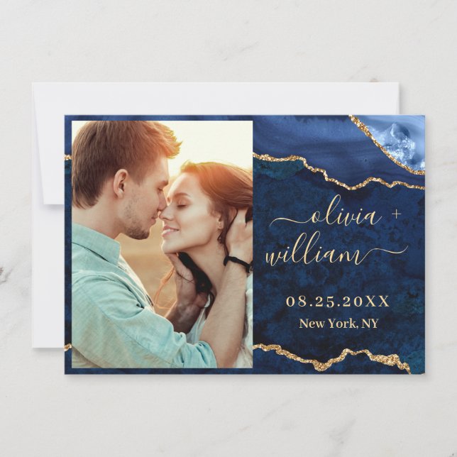 Modern Gold Blue Marble Agate FOTO Wedding Rett T Save The Date (Vorderseite)
