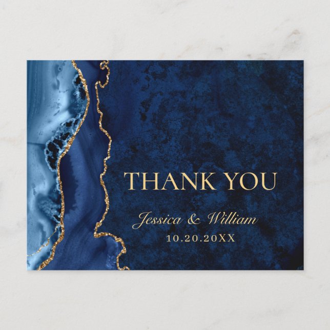 Modern Gold Blue Marble Agate Wedding Vielen Dank Postkarte (Vorderseite)