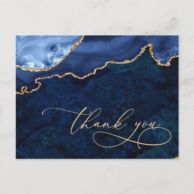 Modern Gold Blue Marble Agate Wedding Vielen Dank Postkarte (Vorderseite)
