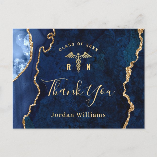 Modern Gold Blue Marble RN Abschluss Vielen Dank Postkarte (Vorderseite)