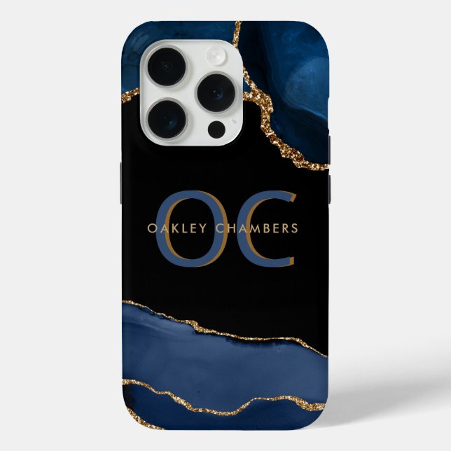 Modern Gold Blue Monogram Navy Black Gold Agate Case-Mate iPhone Hülle (Rückseite)