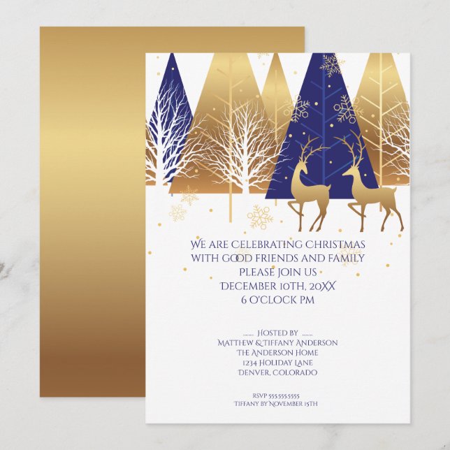 Modern Gold Blue Woodland Hirsch Einladung (Vorne/Hinten)