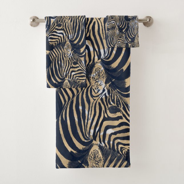 Modern Gold Blue Zebras Print Pattern Badhandtuch Set (Insitu)