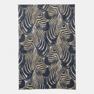 Modern Gold Blue Zebras Print Pattern Geschirrtuch