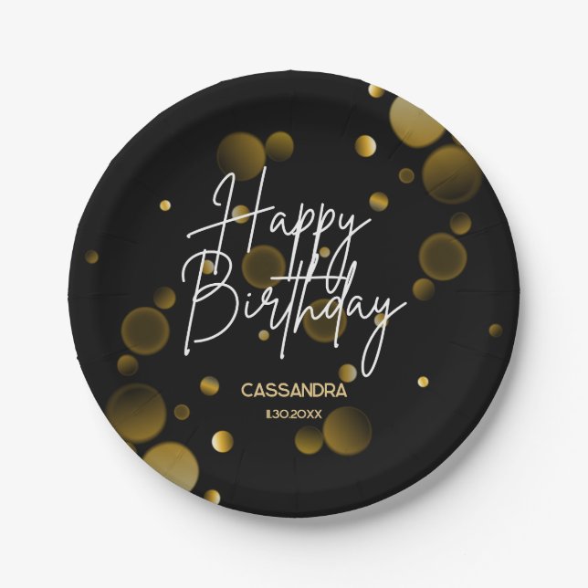 Modern Gold Bokeh Gradient Black Happy Birthday Pappteller (Vorderseite)