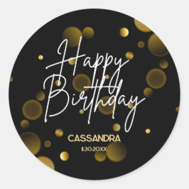 Modern Gold Bokeh Gradient Black Happy Birthday Runder Aufkleber