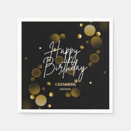 Modern Gold Bokeh Gradient Black Happy Birthday Serviette