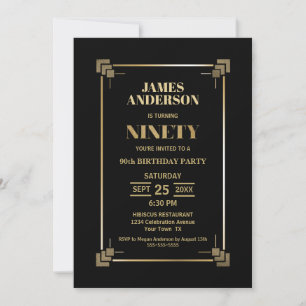 Modern Gold Border Black 90. Geburtstagsparty Einladung