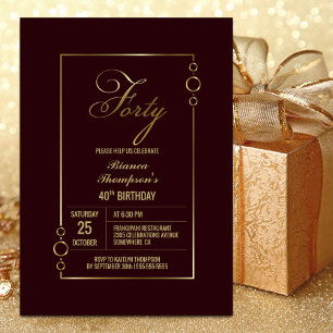 Modern Gold Border Burgund 40. Geburtstag Party Einladung