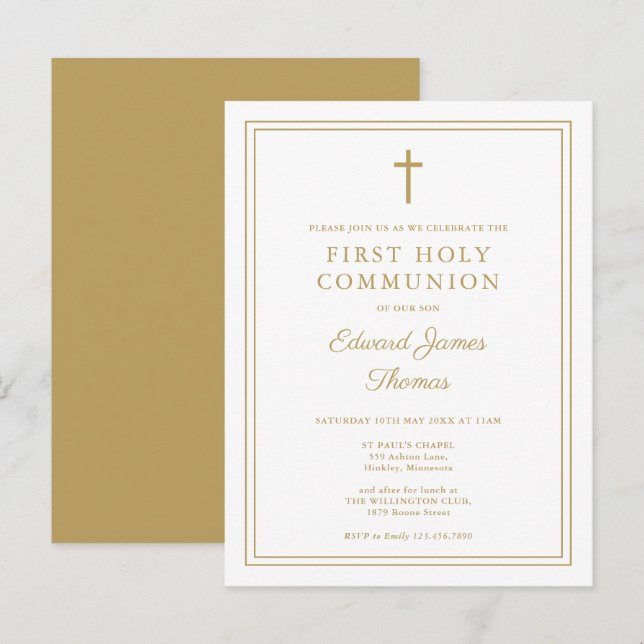 Modern Gold Border First Heilige Kommune Einladung Postkarte (Vorne/Hinten)