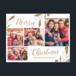 Modern Gold Botanical 4 Foto Collage Weihnachten Postkarte<br><div class="desc">Elegantes, modernes Botanisches Foliage Blätter 4 Foto Collage Gold und White Frory Weihnachts Script Holiday Postcard. Dieses festliche, mimimalistische, skurrile 4 (4) Foto Urlaubspostkarte Vorlage verfügt über eine hübsche Collage aus Foto, Imitate goldgefolite botanische Blattgrün Blätter, Winterbeeren und sagt Frohe Weihnachten! Der Grußtext "Frohe Weihnachten" ist in einer handgeschriebenen Schrift...</div>