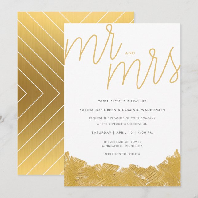 Modern Gold Brush Stroke Hochzeitseinladung Einladung (Vorne/Hinten)