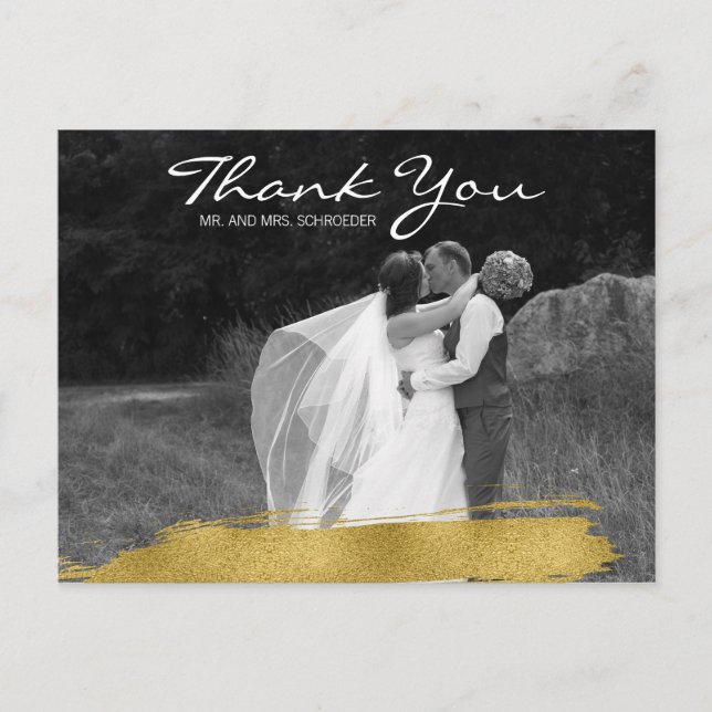 Modern Gold Brushstroke Wedding Danke Postcard Postkarte (Vorderseite)