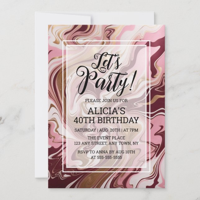 Modern Gold Burgund Pink Marble Fluid Birthday Einladung (Vorderseite)