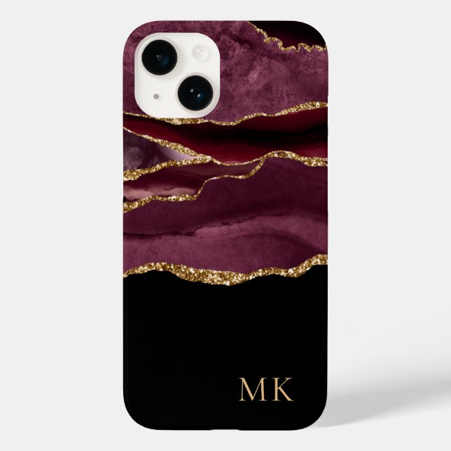 Modern Gold & Burgundy Marble Agate Monogram Case-Mate iPhone 14 Hülle (Rückseite)