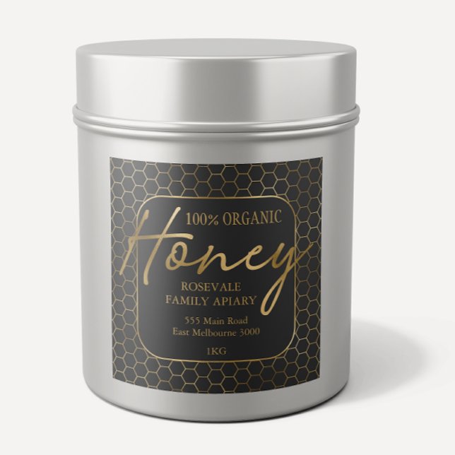 Modern Gold Charcoal Honeycomb Honey Apiary Label Quadratischer Aufkleber (Von Creator hochgeladen)