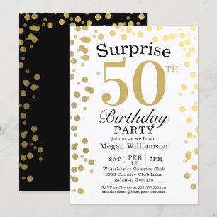 Modern Gold Confetti Black Surprise 50. Geburtstag Einladung