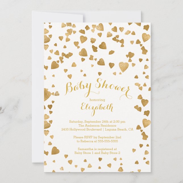 Modern Gold Confetti Hearts Babydusche Einladung (Vorderseite)