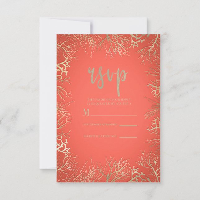 Modern Gold Coral Orange Eleganter Strand Hochzeit RSVP Karte (Vorderseite)