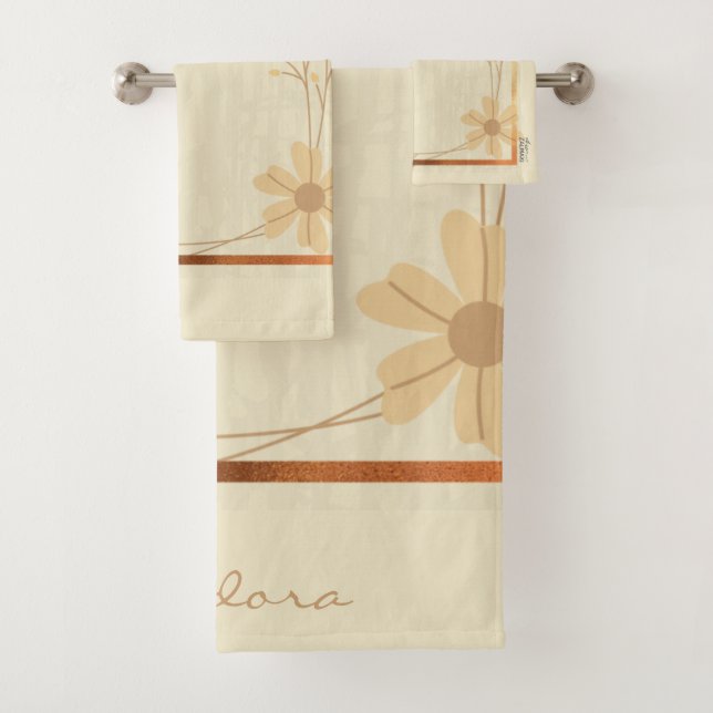 Modern Gold Creme Abstrakt Floral Badhandtuch Set (Insitu)