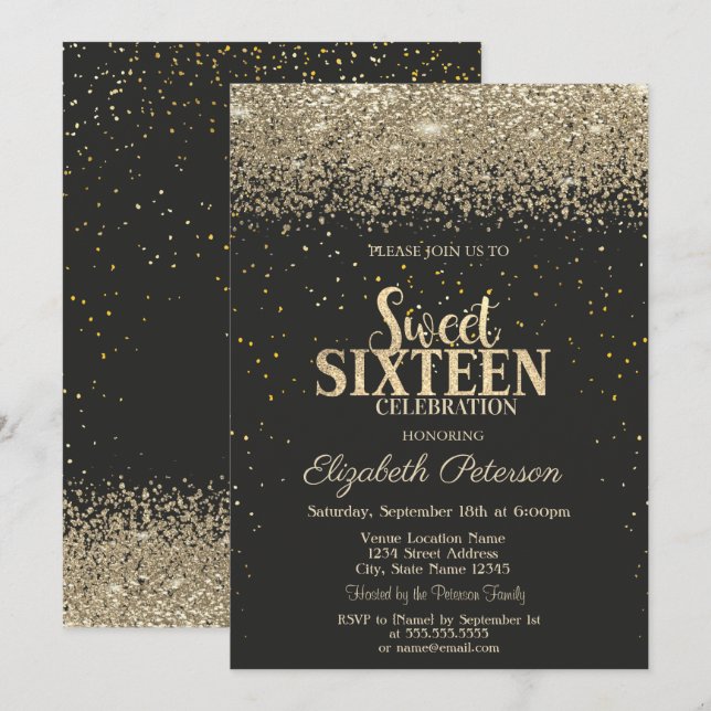 Modern Gold Diamonds Confetti Black Sweet 16 Einladung (Vorne/Hinten)