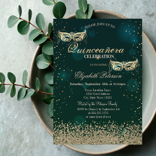 Modern Gold Diamonds Masque Green Quinceañera Einladung