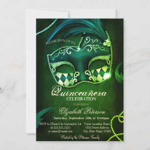 Modern Gold Diamonds Masquerade Green Quinceañera Einladung