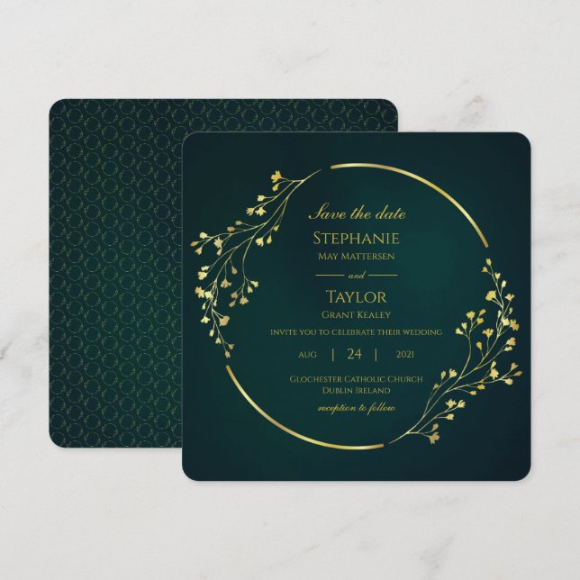Modern Gold Eucalyptus Green Save the Date Einladung (Vorne/Hinten)
