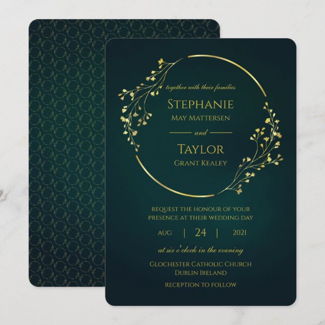 Modern Gold Eucalyptus Green Wedding Einladung (Vorne/Hinten)
