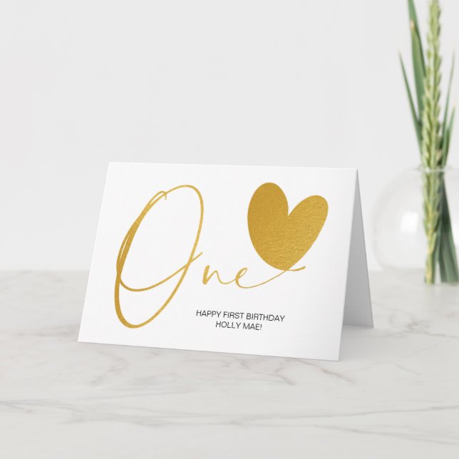 Modern Gold First Birthday One Heart Karte (Vorderseite)