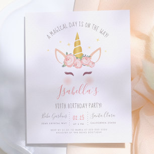Modern Gold Floral Magical Unicorn Birthday Einladungspostkarte