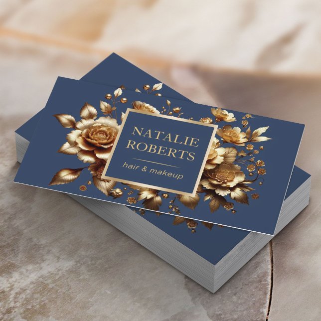 Modern Gold Floral Navy Blue Beauty Salon & WELLNE Visitenkarte (Von Creator hochgeladen)